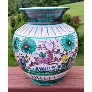 VTG KEVA TUPESY  Czechoslovakia Folk Art Pottery Vase Deer Birds Rabbits Floral